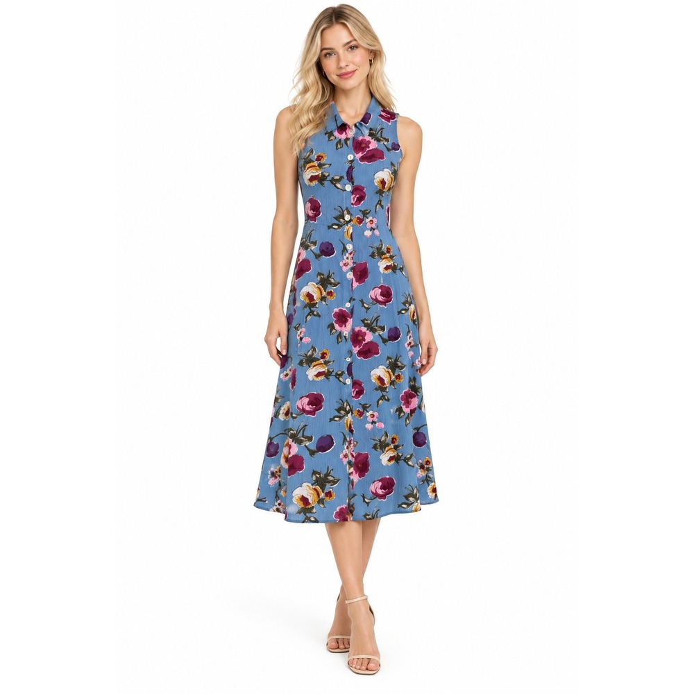 Floral Sleeveless Button Front Tie Back Crinkle Midi Dress Blue Vintage